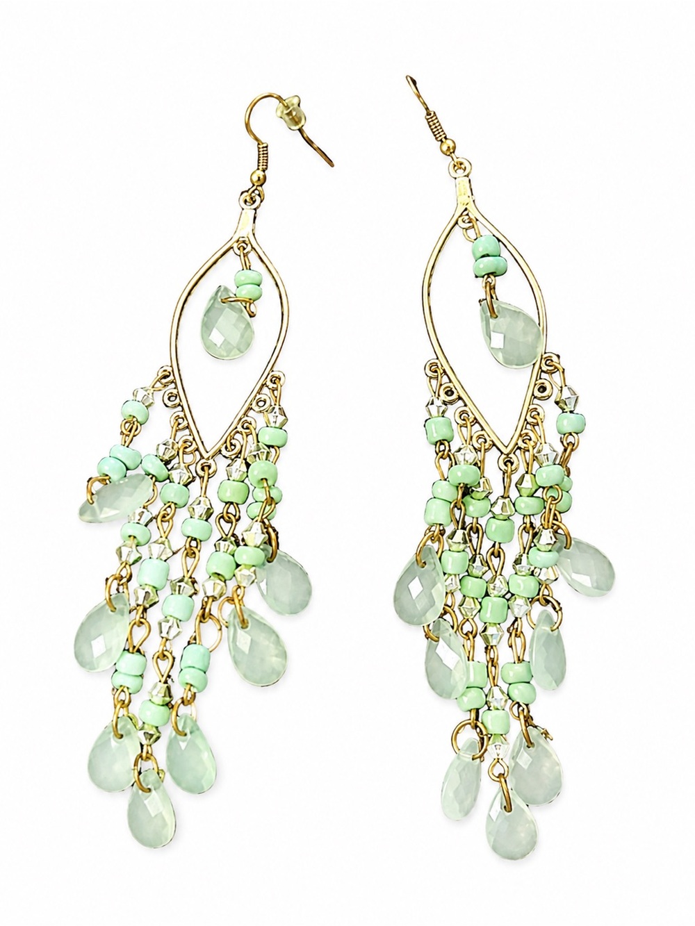 Mint Green Beaded Chandelier Earrings Gold Tone Boho Dangle Drop Statement